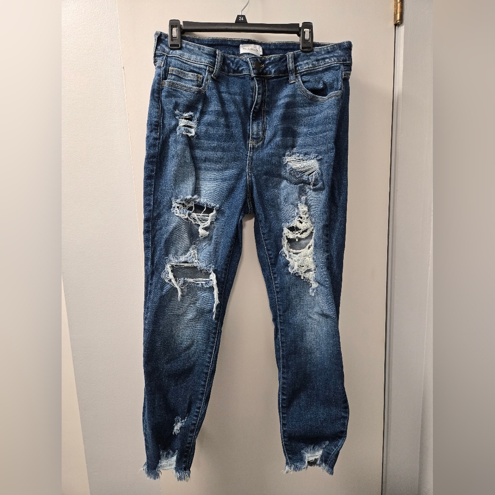 Cello Blue Ankle Cropped Jeans with Distressed Details